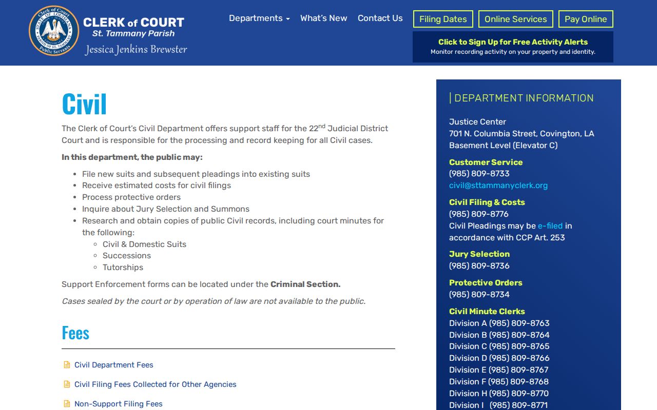 St. Tammany Parish civil docket records at the Civil Department