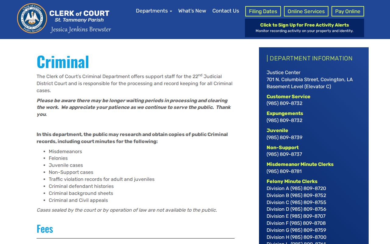 St. Tammany Parish criminal docket records at the Criminal Department