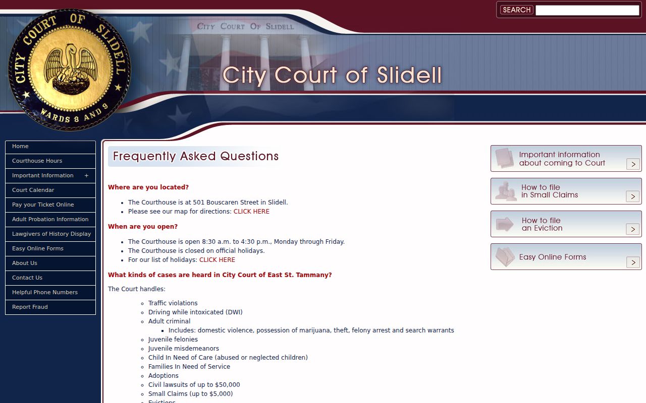 St. Tammany Parish Slidell court docket information displayed by City Court of Slidell